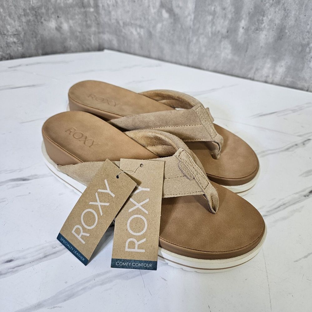 Roxy Womens‎ 9 Thessa Tan Leather Thong Flip Flops Sandals Platform Beach Casual